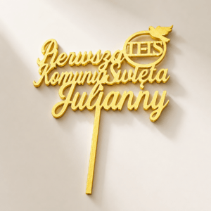 Topper 3D na Pierwszą Komunię Świętą z imieniem , złota personalizowana dekoracja do tortu komunijnego.