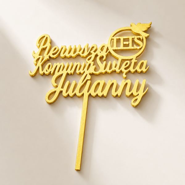Topper 3D na Pierwszą Komunię Świętą z imieniem , złota personalizowana dekoracja do tortu komunijnego.