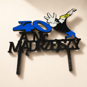 Personalizowany topper 3D na 40 urodziny Andrzeja z niebieską liczbą 40 i tańczącą postacią