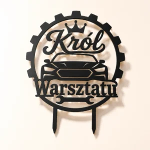 opper na tort król warsztatu 3D z autem, koroną i zębatką