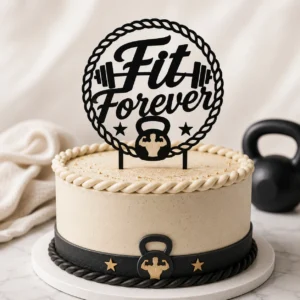Topper na tort fit forever 3D z hantlami, kettlebell i napisem Fit Forever