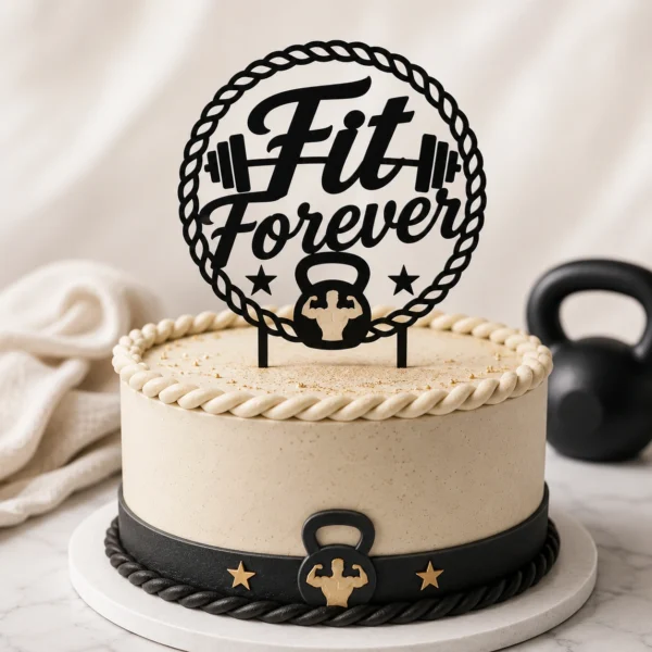 Topper na tort fit forever 3D z hantlami, kettlebell i napisem Fit Forever