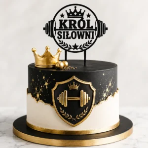 Topper na tort król siłowni 3D z koroną, sztangą i wieńcem