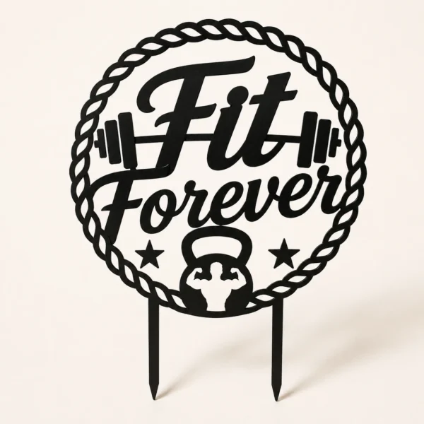 Topper na tort fit forever 3D z hantlami, kettlebell i napisem Fit Forever