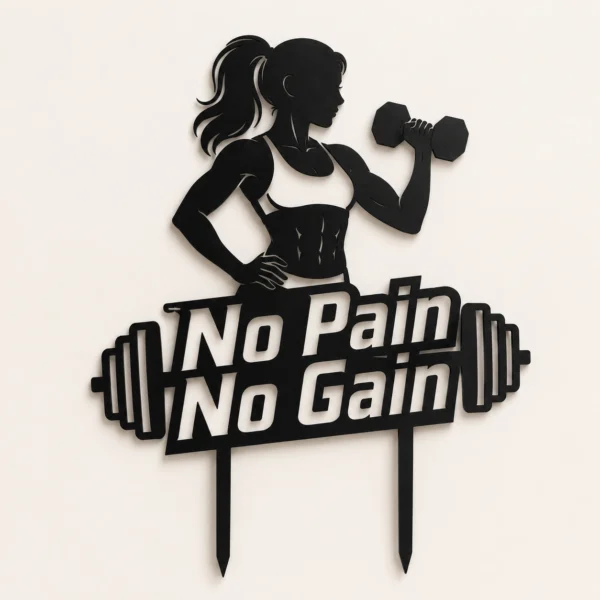 topper-na-tort-no-pain-no-gain-czarny-premium Topper na tort no pain no gain 3D z sylwetką kobiety i hantlami