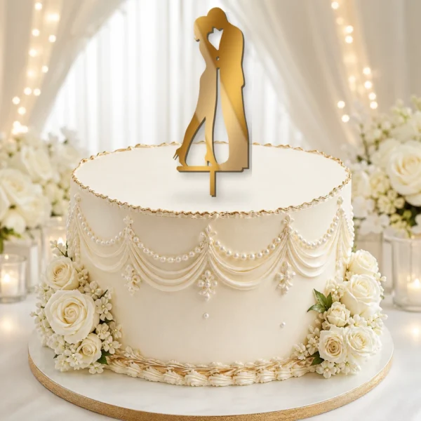 topper-na-tort-slubny-czuly-pocalunek-na-torcie-zlote-lustro-toppery3d Topper na tort czuły pocałunek pary młodej 3D
