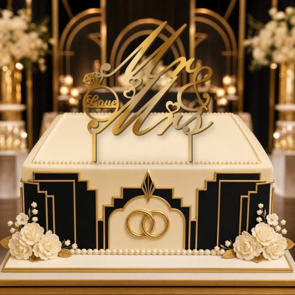 Topper na tort Mr & Mrs Love z sercami 3D – ślubny