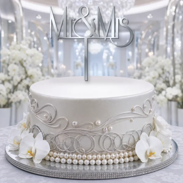 Topper na tort nowoczesny napis Mr & Mrs 3D – ślubny