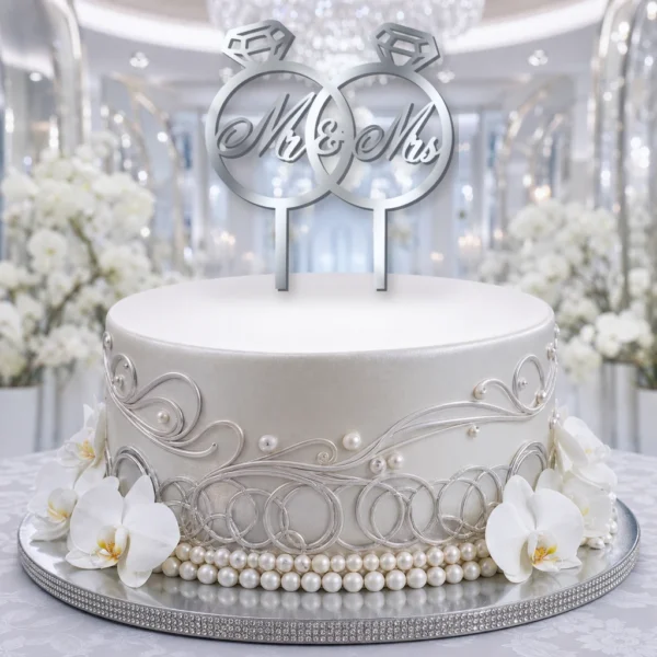 Topper na tort obrączki Mr & Mrs 3D/Plexi na wesele