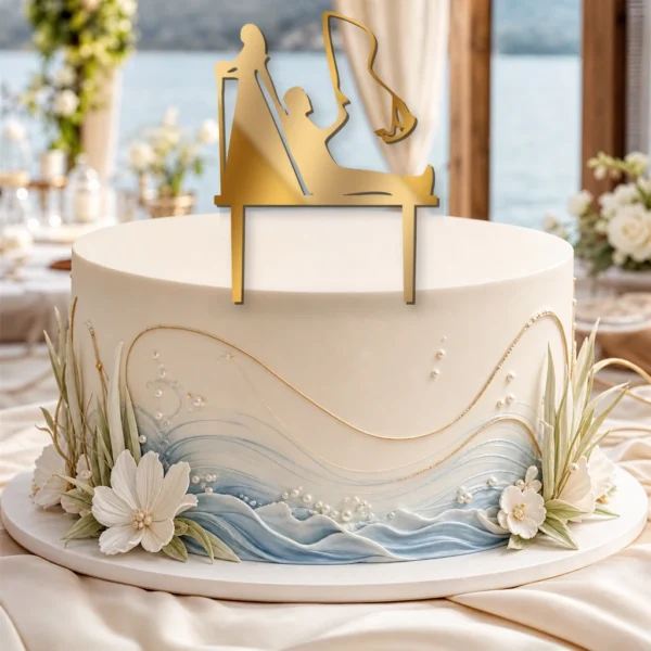 topper-na-tort-slubny-para-mloda-wedkarz-but-na-torcie-zlote-lustro-toppery3d Topper na tort para młoda z wędkarzem 3D / plexi
