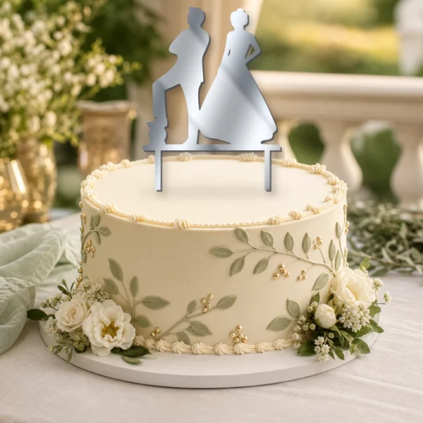 topper-na-tort-slubny-para-mloda-z-psem-na-torcie-srebrne-lustro-toppery3d Topper na tort para młoda z psem 3D na wesele