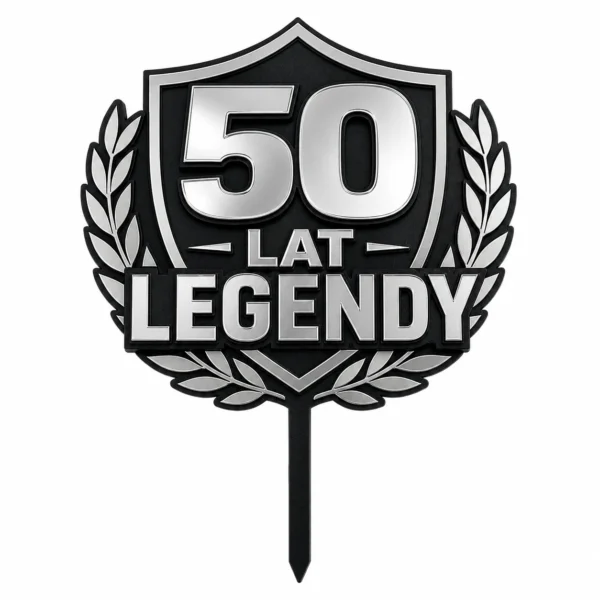 50-lat-legendy-topper-urodzinowy-srebrny Topper na tort 50 lat z napisem 50 Lat Legendy w srebrno-czarnej wersji 3D