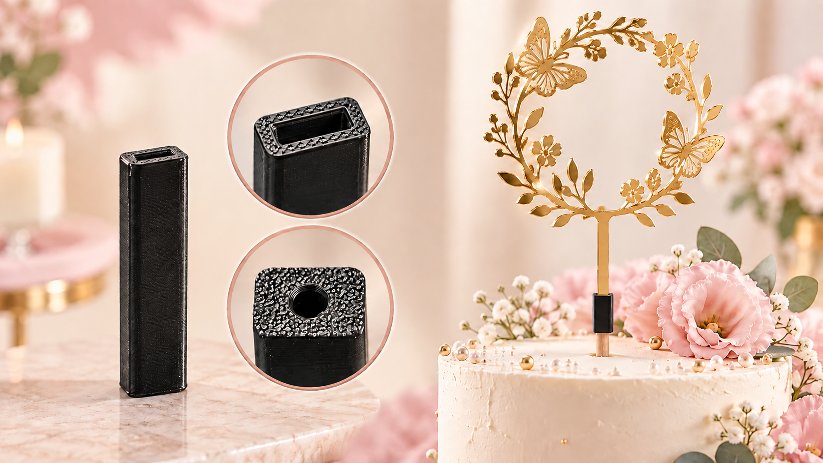 Czarny adapter do topperów Make3D łączący złoty topper z drewnianym patyczkiem nad tortem