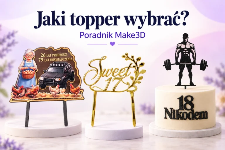 Topper graficzny z autem i babcią, złoty topper Sweet 17 oraz czarny topper z siłaczem na torcie