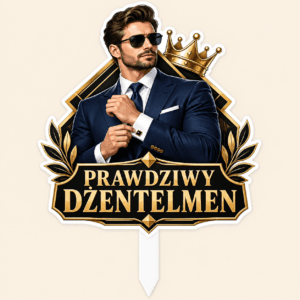 Topper graficzny na Dzień Chłopaka z dżentelmenem, koroną i napisem Prawdziwy Dżentelmen