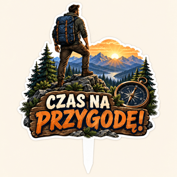 topper graficzny na Dzień Chłopaka z napisem Czas na przygodę i motywem górskiej wyprawy