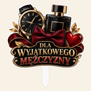 Topper graficzny na Dzień Chłopaka – dla wyjątkowego mężczyzny topper graficzny na Dzień Chłopaka z zegarkiem, flakonem, muchą i napisem Dla wyjątkowego mężczyzny