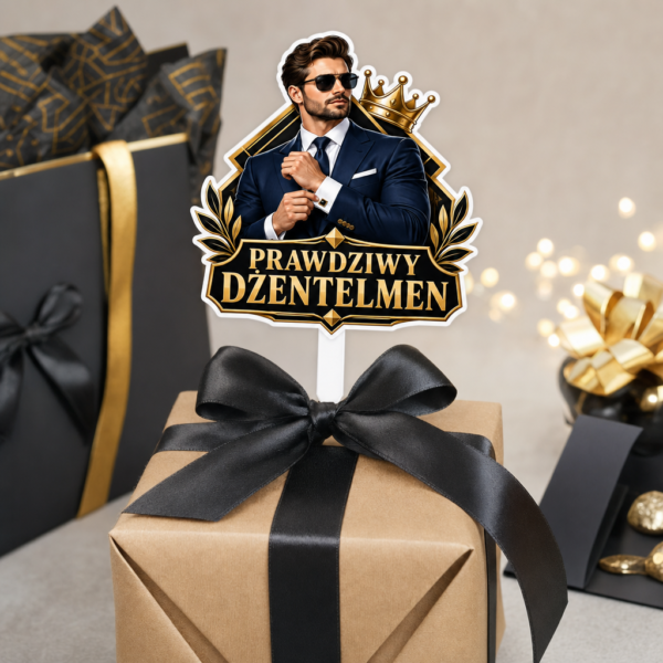 Topper graficzny na Dzień Chłopaka – Prawdziwy Dżentelmen Topper graficzny na Dzień Chłopaka jako ozdoba prezentu z eleganckim dżentelmenem