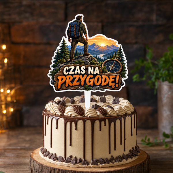 topper graficzny na Dzień Chłopaka do tortu z górskim motywem i kompasem
