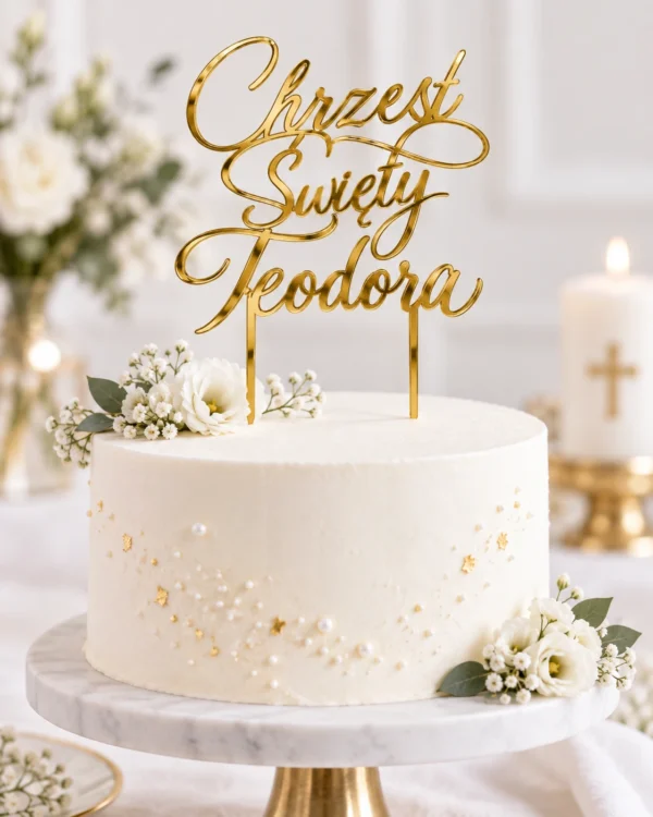 Topper na Chrzest Święty z imieniem na tort - Make3D Złoty personalizowany topper Chrzest Święty Teodora na białym tle