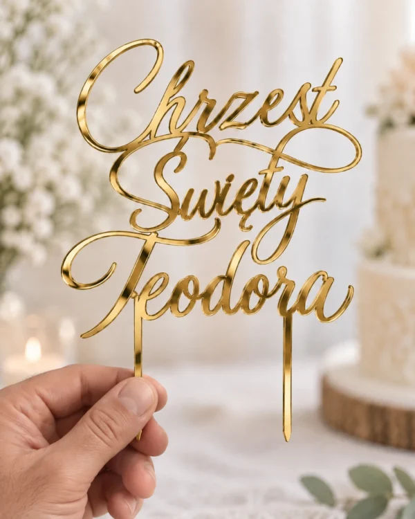 Topper Chrzest Święty z imieniem - złoty topper Make3D Złoty topper na Chrzest Święty z imieniem Teodora trzymany w dłoni